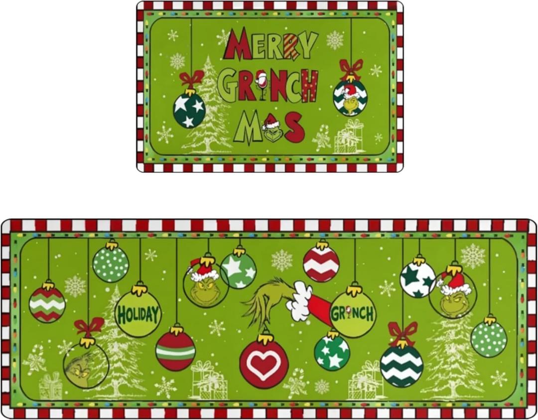 Merry Christmas Kitchen Mat 2-Piece Set, Winter Home Christmas Decoration Kitchen Carpet Anti Slip and Washable, Suitable for All Kitchen Floors -16x47 and 16x24 inches (Green)