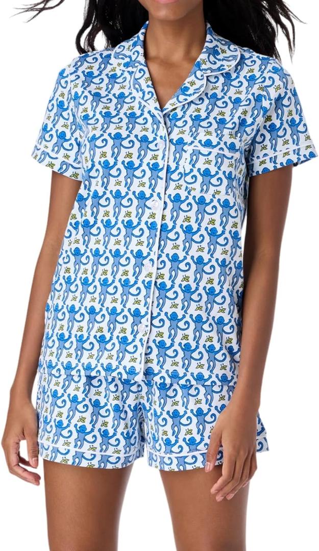 Womens Pajamas Set Trendy 2 Piece Button Down Monkey Bunny Shorts Set Y2k Roller Dupes Rabbit Preppy Loungewear Pjs Blue, Small
