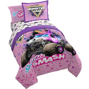 Jay Franco Kids Comforter Set Includes Sheets and Pillow Covers - Soft and Cozy Bed Set for Stylish Room Decor, Pink - Monster Jam, 7 Piece Full Bedding