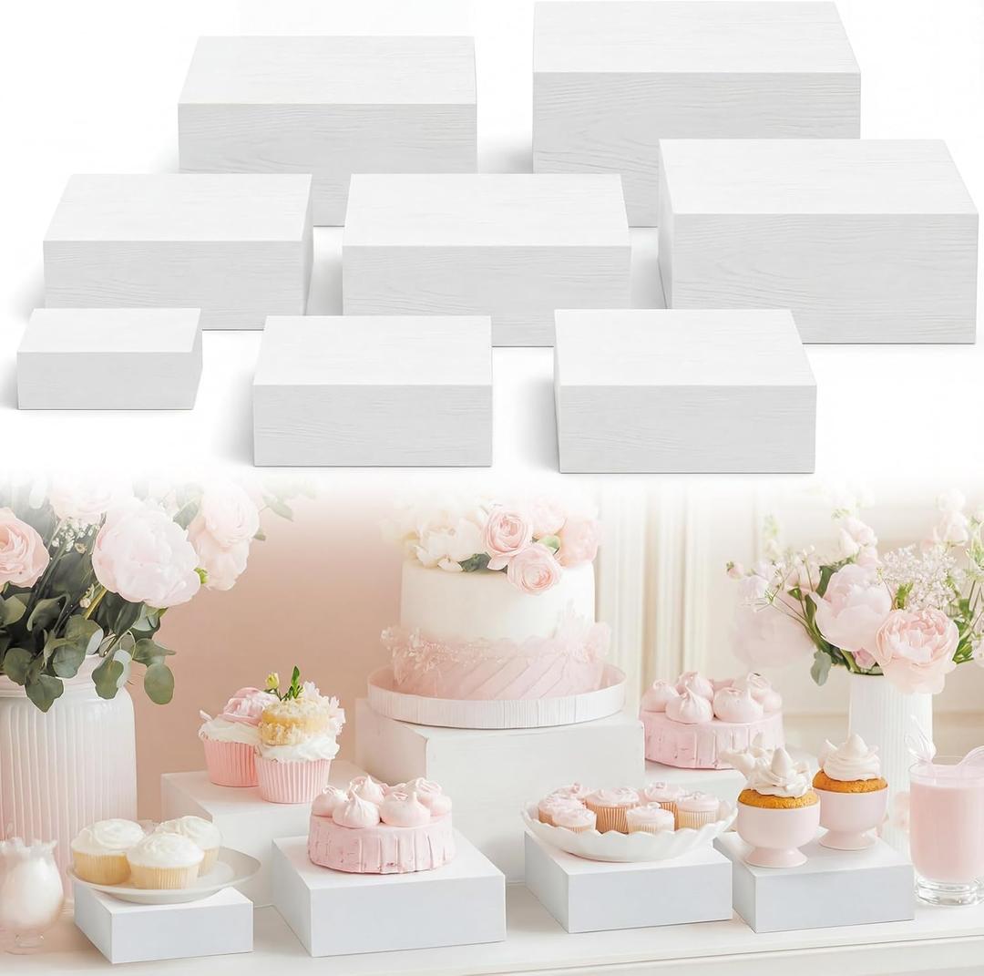 Barydat 8 Pcs Small 8.7" Wood Risers Display Stands Rustic Square Cupcake Stand Food Risers Stackable Display Box for Buffet Table Dessert Food Birthday Wedding Party (White)