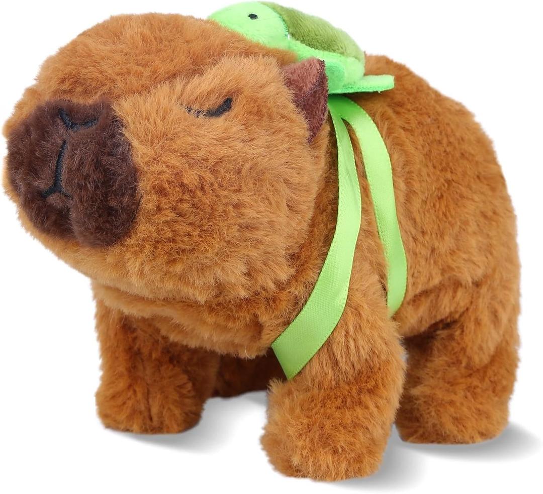 Walking Capybara Plush, Cute Capybara Stuffed Animal Toy with Removable Turtle Backpack, 6.3'' Electric Interactive Animal Pet Toys Hopping Realistic Pet Gifts with Sounds for Toddlers, Brown