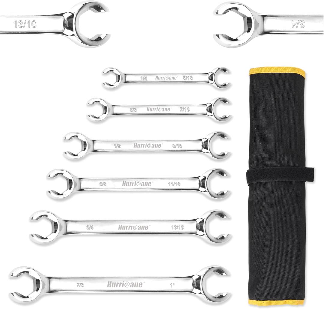 HURRICANE Flare Nut Wrench Set, SAE 6 piece Brake Line Wrench Set, Size from 1/4 to 1 inch, 15 degree Offset Double Open End with Organizer Pouch, Repair and Remove Nuts on Fuel Tube in Tight Spaces