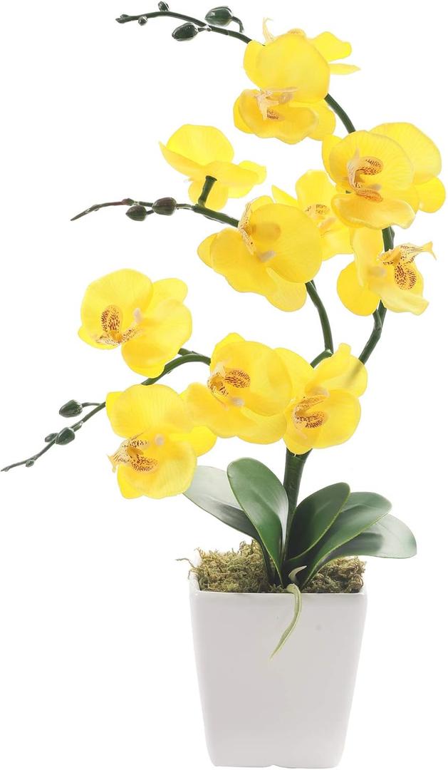 15" Tall Artificial Silk Phalaenopsis Orchid Flower Plant Pot Arrangements (Yellow)