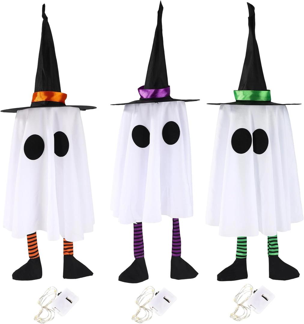 3pcs Halloween Hanging Floating Glowing Ghost Decorations, Polyester Swinging Ghosts Kit with Witch Hats and Lights up for Halloween Party House Garden Yard Patio Tree Outdoor Decor