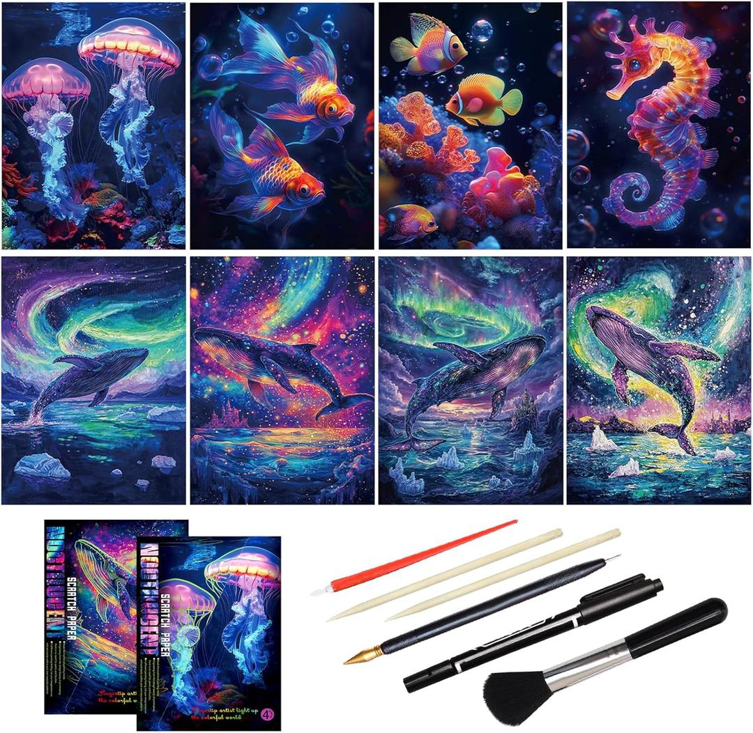 Scratch Art Adult DIY Paint by Scratch Rainbow Scratch Paper Art Colorful Sketches Scratch with 5 Scratch Tool for DIY Craft Gift Ocean World