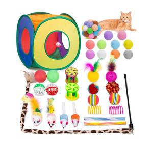 Retro Shaw 33 Pcs Cat Toys Set, Interactive Kitten Toys for Indoor Cats Kitty with Collapsible Play Tunnel Tent, Feather Teaser Wand Bell Balls Springs Mouse Toys for Boredom Relief & Exercise