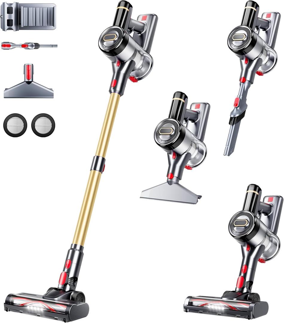 Cordless Vacuum Cleaner, 500W 40Kpa 60Mins Vacuum Cleaners for Home, Anti-tangle Stick Vacuum with Self-Standing, Wall Mount Charging, LDE Display, Wireless Vacuum for Carpet Pet Hair Hardfloor