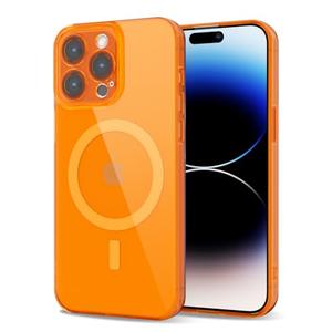 Svanove for iPhone 14 Pro Case Clear Compatible with Magsafe Silicone, Bright Transparent Thin Magnetic Mag Safe Case Cute, Girly Trendy Slim Hard Camera Cover Protection, Fluorescent Neon Orange
