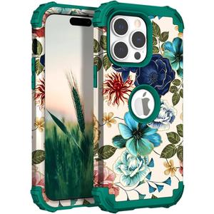 Hocase for iPhone 15 Pro Max Case, Heavy Duty Shockproof Protection Soft Silicone Rubber Bumper+Hard Plastic Hybrid Protective Case for iPhone 15 Pro Max 6.7" 2023 - Teal Flowers