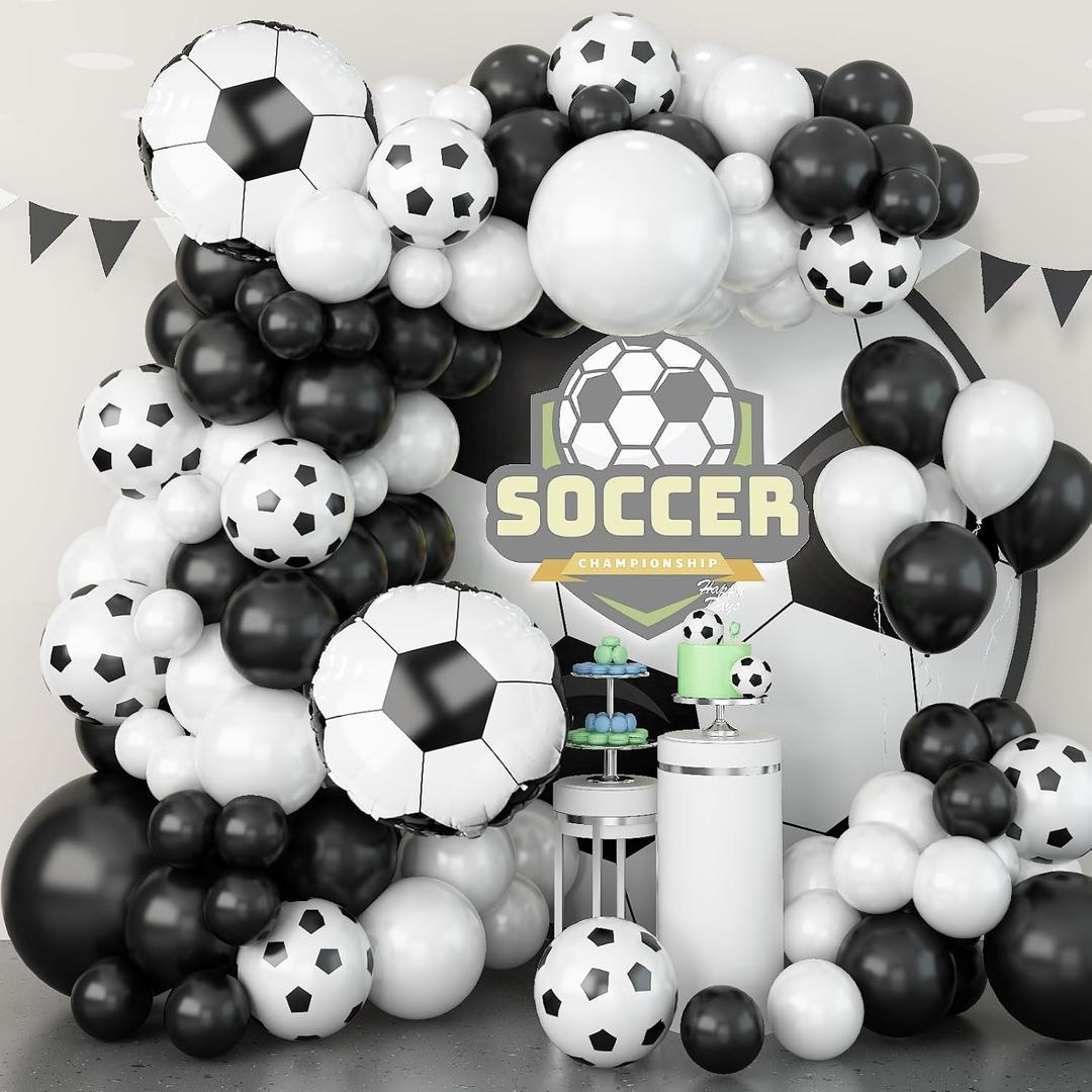 TAOYE Soccer Balloon Garland Arch Kit, 22 18 12 10 5 Inch Black White Football Print Balloons Arch Kit with 4D Football Foil Balloons Football Helium Balloon for Birthday Soccer Football Club Party