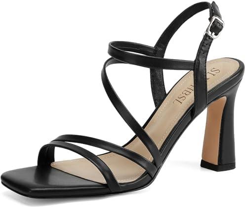 SLXCHBSL Strappy Heels for Women 3 Inch Chunky Block High Heels Square Open Toe Ankle Strap Dress Sandals for Wedding Prom Party Bridesmaid 9.5