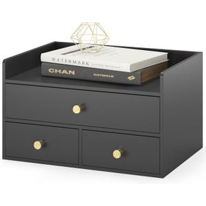 Bamboo Desk Organizer with Drawers Wooden Desktop Storage Drawers for Bills Office Supplies Kitchen Utensils Organizing Tool for Home Classroom Organization No Assembly (3 Drawers, Black)