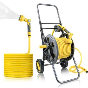 Jardineer Hose Reel Cart with Wheels, Include 100FT Water Hose and Sprayer Nozzle, Portable Garden Hose Set for Watering Flowers, Cleaning Floors, Washing Cars Outside