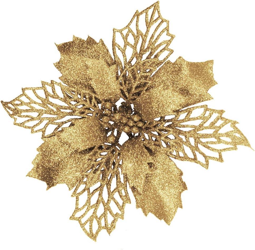 24 Pcs Christmas Gold Glittered Mesh Holly Leaf Artificial Poinsettia Flowers Picks Tree Ornaments 5.9" W for Gold Christmas Tree Wreath Garland Floral Gift Winter Wedding Holiday Decoration