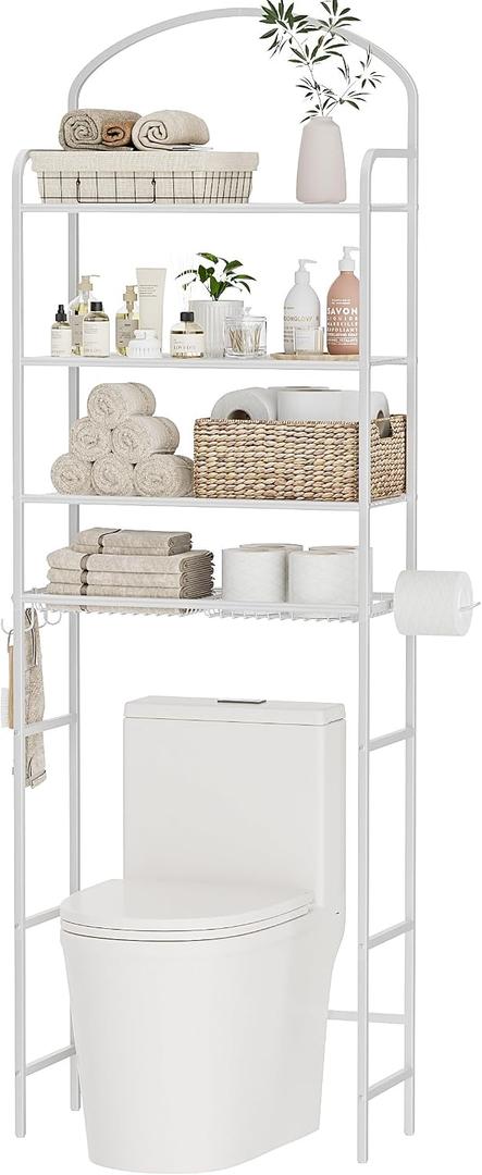 4-Tier Over The Toilet Storage, Bathroom Organizer, Space-Saving, 72" H Above Toilet Storage Rack with 4 Hooks and Paper Holder, Metal Shelf, White