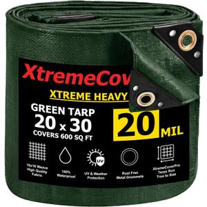 20' x 30' Green Tarp - 20mil | Heavy Duty & Waterproof | UV Protection + Brass Grommets Reinforced Corners Outdoor Storage 20x30 ft Rain Camping Tent Greenhouse roof Leak Ground Cover Leakproof Shed