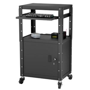 Mobile AV Cart with Cabinet, Rolling Computer Cart Height Adjustable Rolling Media Utility Cart with Extra Storage Space, 4 Outlets, Pullout Keyboard Tray Perfect for Home or Office Use