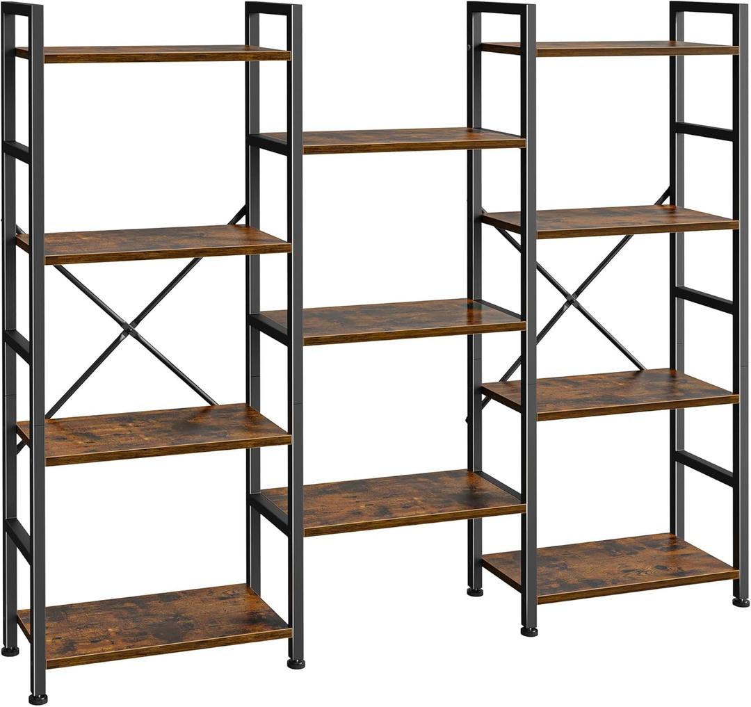 SUPERJARE Triple Bookshelf, Bookcase with 11 Open Display Shelves, Wide Book Shelf Book Case for Home & Office, 4 Tier, Brown, ABC009Z