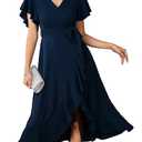 Womens Wedding Guest Midi Dress Flutter Sleeve V Neck Wrap High Low Bridesmaid Cocktail Formal Dresses for Women Navy Blue, Size: L