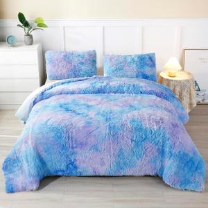 WINLIFE Shaggy Bedding Set - Faux Fur Flannel Furry Comforter, Microfiber Plush Comforters with Pastel Gradient Ombre Tie Dye Multicolor Pattern for Girls & Adults (3Pcs, Full, Purple Blue)