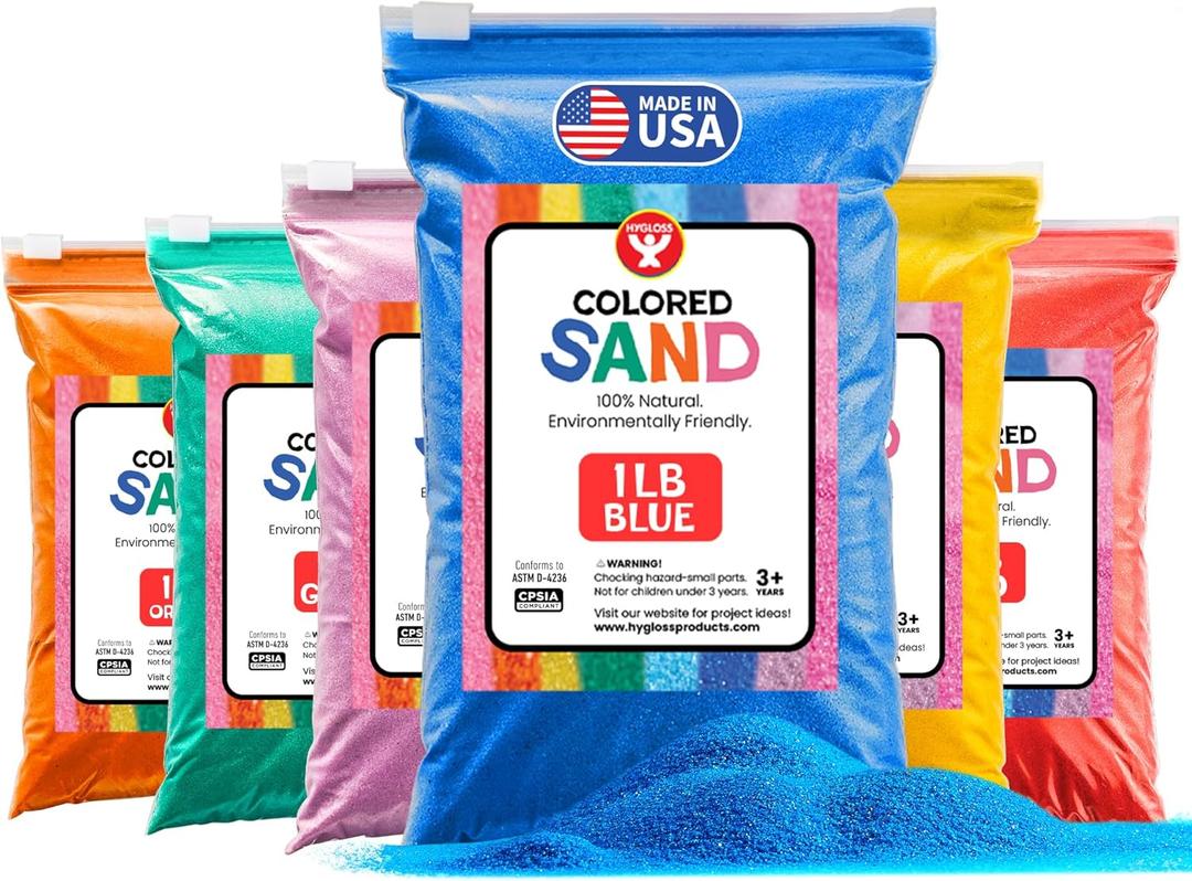 Hygloss Colored Sand for Crafts - 6 Assorted Colors Bags - 1 lb Vibrant Colorful Fine Sensory Play Sand Art Kits for Kids - Classroom Activities for Children 3 4 5 6 7 8 9 10 11 12 - Safe for Ages 3+