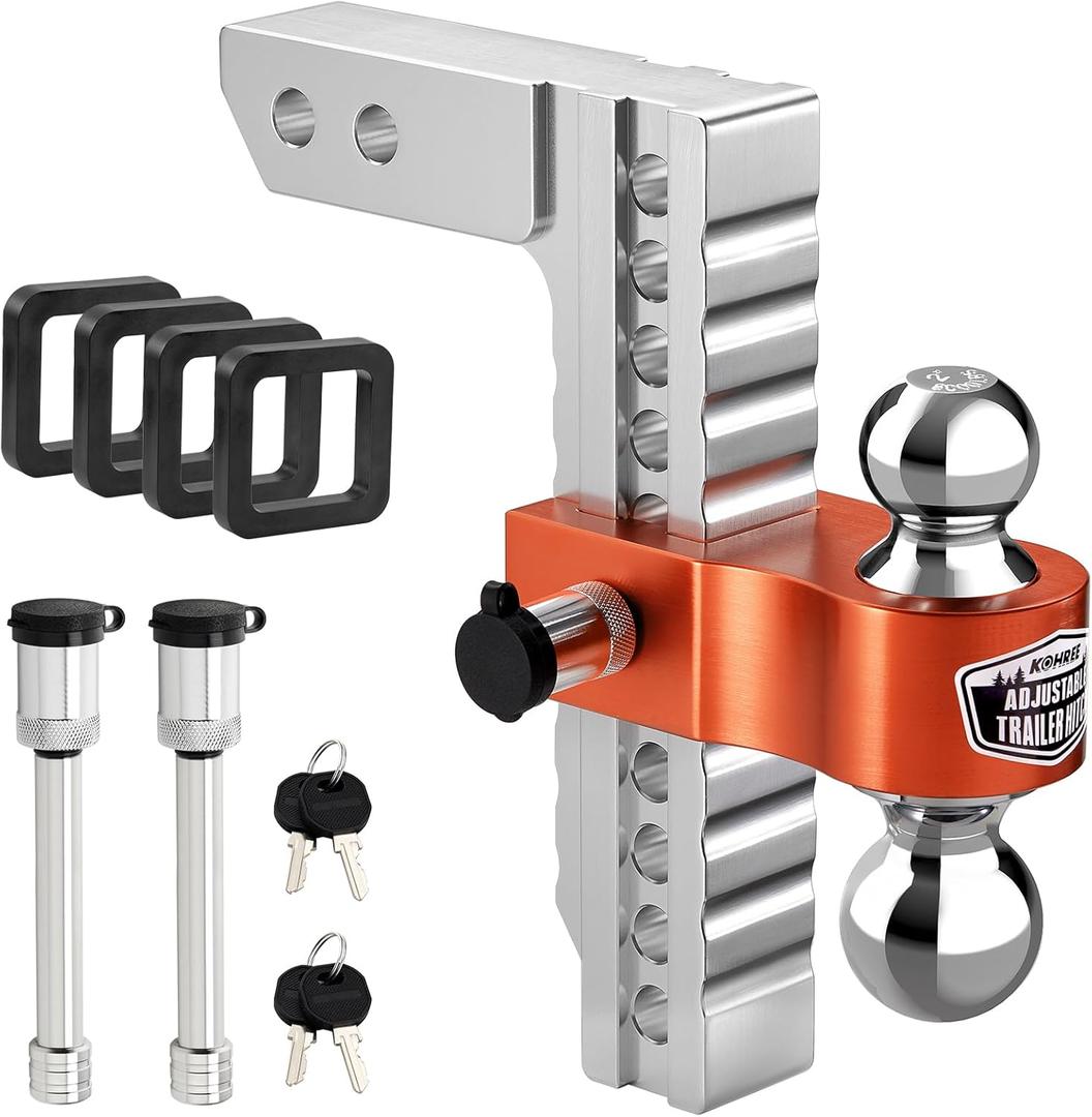 Kohree Adjustable Trailer Hitch Fit 2 Inch Receiver, Dual Solid Ball 2" and 2-5/16"(12,500 LBS GTW), 10" Drop & Rise Heavy Duty Aluminum Tow Hitch with 4 Silencer Pads & 2 Locking Hitch Pin, Orange