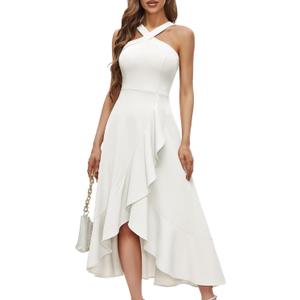 Bbonlinedress Halter Cocktail Women Dresses Prom Formal Wedding Guest Bridesmaid Ruffled Maxi Hi-Lo Evening Party 2026 Dress (White, L)