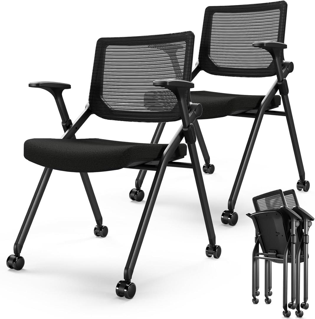 FYLICA Foldable Office Chair Set of 2 with PU Wheels Ergonomic Mesh Bouncing Back, Stackable Conference Room Chair, Office Guest & Reception & Meeting Chair (Black)