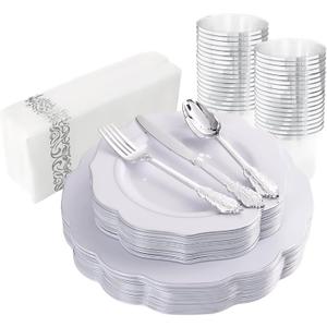 NOCCUR 175pcs Silver Plastic Plates - Silver Rim Plastic Tableware Includes 25 Dinner/Dessert Plates, 25 Forks, 25 Knives, 25 Spoons for Wedding/Party