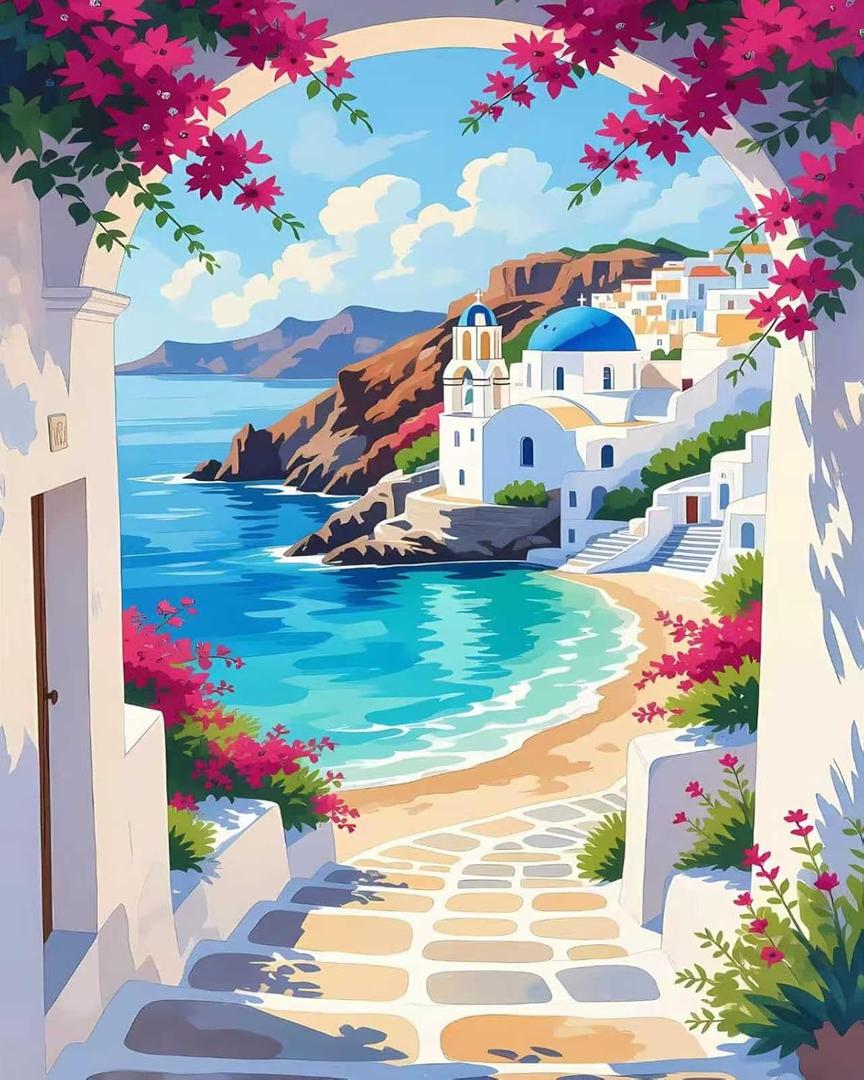 Mrnsiet Paint by Number for Adults Beginners, Easy Seaside Town Paint by Numbers Kits on Canvas, DIY Coastal City Oil Painting Kits Adults' Paint-by-Number Kits for Home Wall Decor 16x20 Inch (MT22397-US)