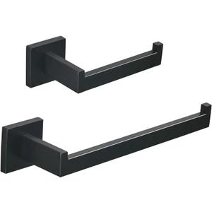 SHUNLI Black Toilet Paper Holder + Hand Towel Holder, 2 Pieces Bathroom Hardware Accessories Set, Towel Ring Towel Bar Wall Mounted, SUS304 Stainless Steel
