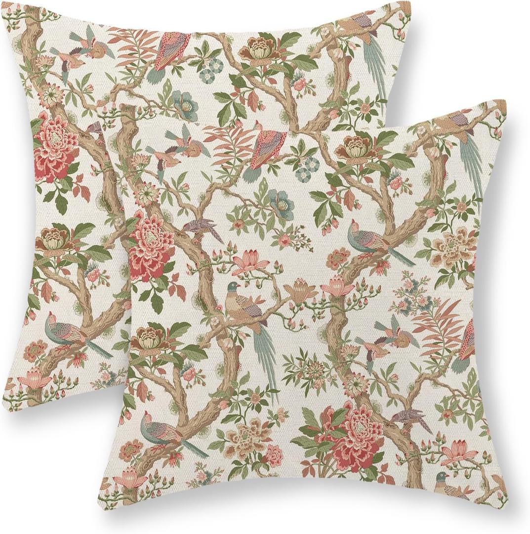 Chinoiserie Pillow Covers 24x24 Set of 2 Pink Green Bird Floral Throw Pillows Vintage Pink Flower Bird Decorative Pillow Cases Outdoor Chinoiserie Decor Farmhouse Cushion Case for Couch Sofa