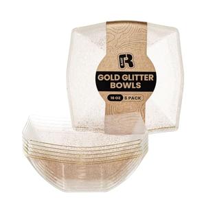R-kay 4 Pack Gold Glitter Plastic Serving Bowls -16 Oz Gold Plastic bowls 16 Oz - Disposable Serving Bowls Heavy Duty For Weddings Catering And Birthday parties