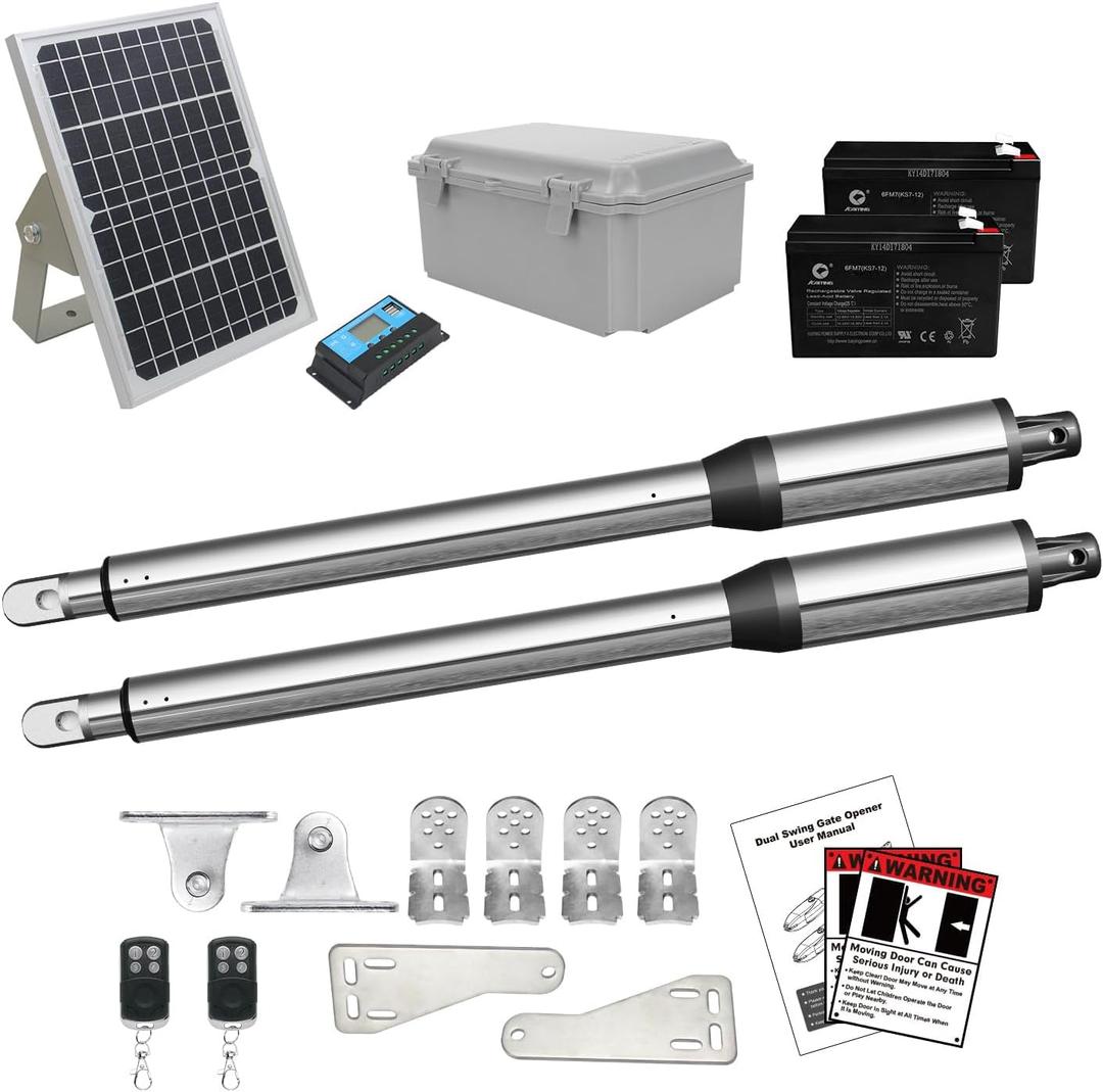 JUJIANG C01 Solar Gate Opener with Batteries & Solar Panel for Dual Swing Gates Up to 440lb 12FT per Arm Automatic Gate Opener with Remote Complete Kit Light Duty Automatic Gate Openers Solar Powered