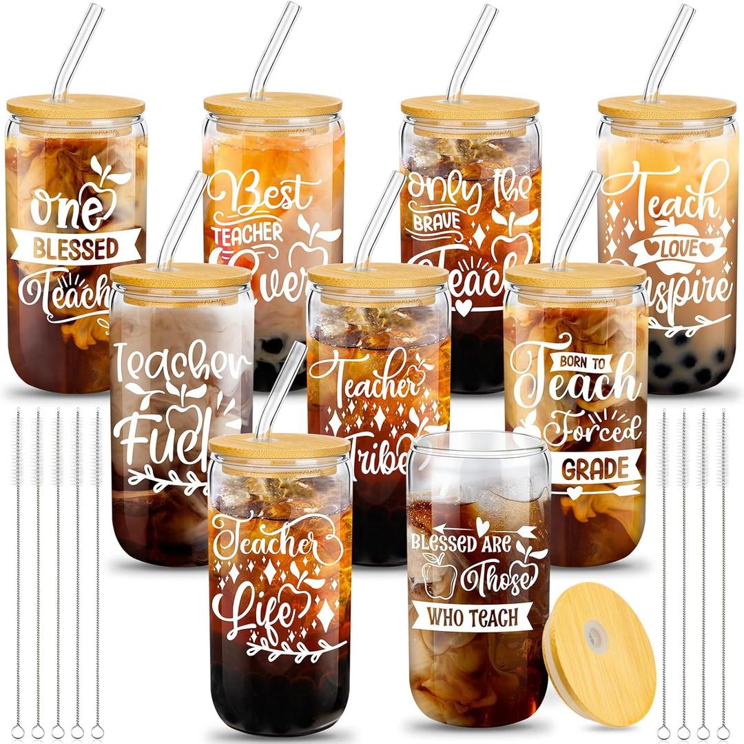 9 Sets Teacher Appreciation Gifts Bulk 16 oz Thank You Teacher Glass Cups Gifts with Lids Straws Brushes(Vintage Style)