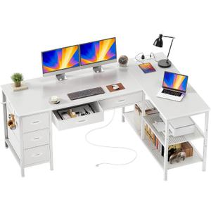 PRAISUN 55 Inch L Shaped Desk with Power Outlets, 5 Fabric Drawers