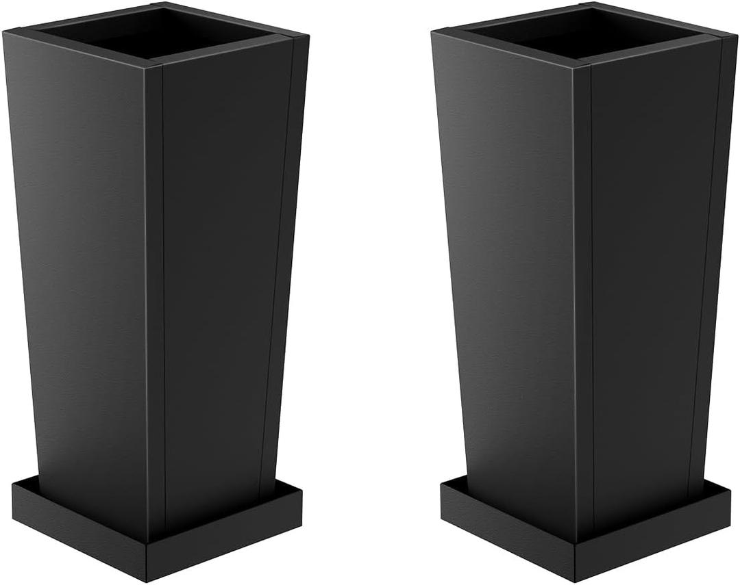 Metal Tall Outdoor Planters Set of 2, 18 inch Durable Tall Planters with Rust-Proof Coating & Drainage Insert Shelve & Trays, Black Outdoor Planters for Porch, Garden, Patio, Yard