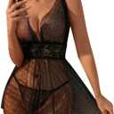 OYOANGLE Women's 2 Piece Polka Dots Lace Sheer Mesh V Neck Babydoll Teddy Lingerie Set (Medium, Black)