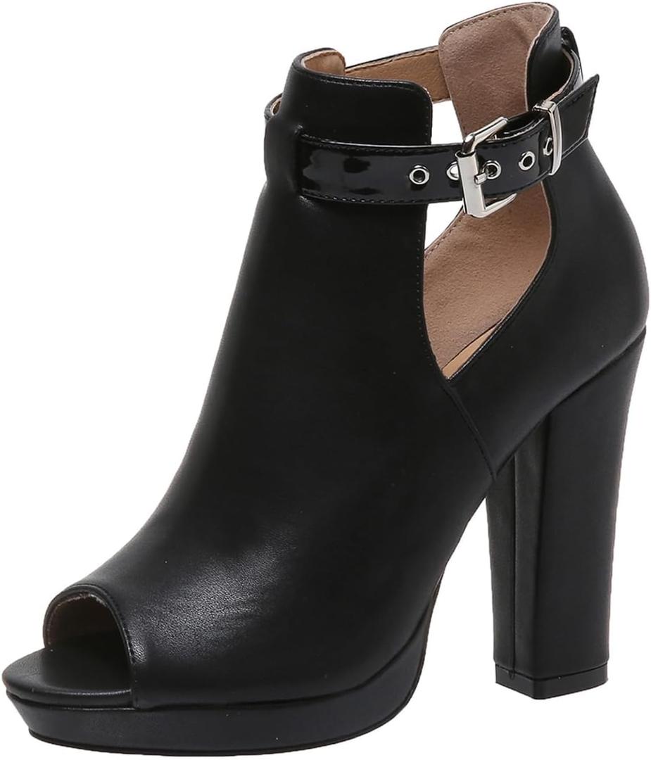 NIGXWNS Women's Open Peep Toe Booties Summer Cutout Heels Ankle Strap Buckle Heeled Shoes Chunky Block Heel Dressy Sandals Black 10
