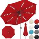 FLAME&SHADE 10 ft Solar Powered Outdoor Market Patio Table Umbrella with LED Lights and Tilt, Red