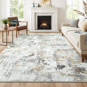 Neutral Area Rug 6x9 Washable Rugs for Living Room Aesthetic, Large Abstract Non-Slip Low-Pile Printed Accent Carpet for Bedroom Office, Brown/Grey