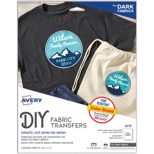 Avery Printable Heat Transfer Paper for Dark Fabrics, 8.5" x 11", Inkjet Printer Compatible, 5 Sheets of Iron On Transfer Paper, Great for Custom Shirts, Uniforms, Gifts, and More (3279) (White)