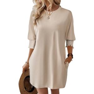 Dokotoo Womens Dresses 2025 Spring 3/4 Sleeve Fashion Dresses Crewneck Casual Mini Dress with Pockets S-XL