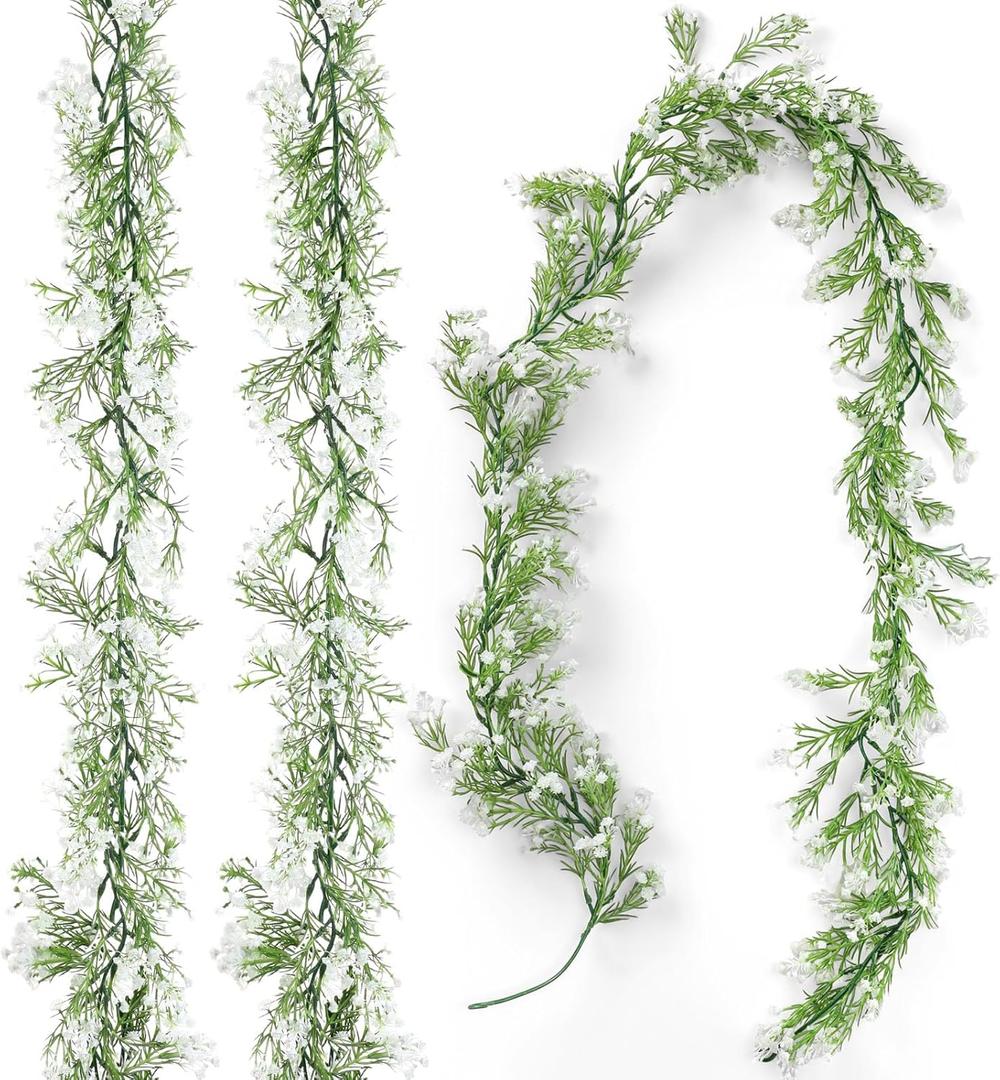 Lyrow 3 Pcs Artificial Baby Breath Flower Vines 5.9 ft Faux White Hanging Gypsophila Greenery Garland Vines Fake Bulk Baby Breath Garland for Wedding Party Table Backdrop Home Wall Decor