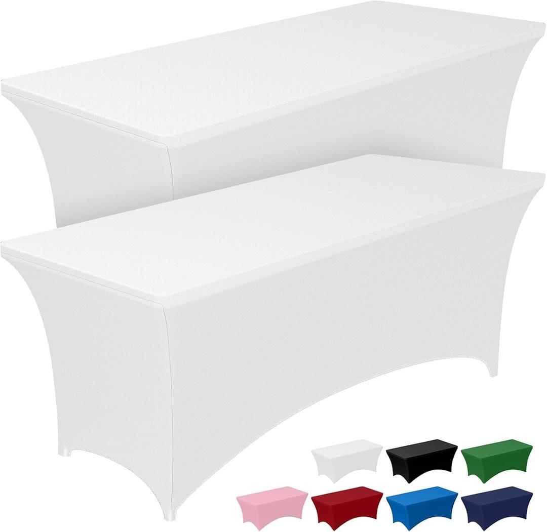 Pureegg Spandex Tablecloth 6ft - 2 Pack, Fitted and Tight Cloth for Rectangle Table, Wrinkle-Free and Stretch Table Cover for Party, Wedding, Banquet and Birthday, White
