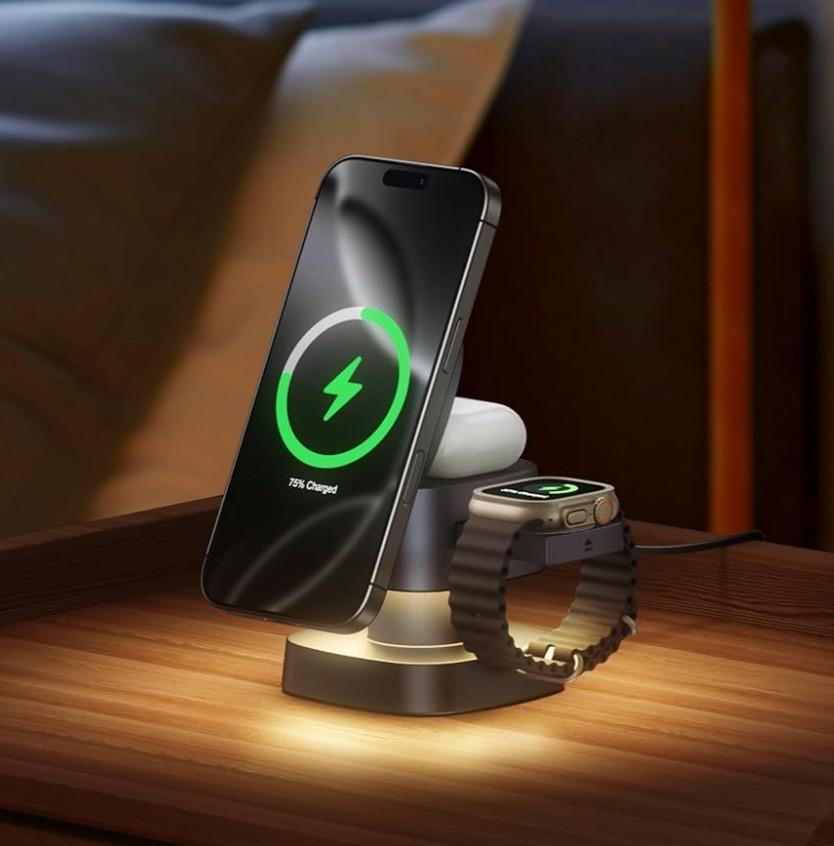 4 in 1 Wireless Charger, 3 in 1 Wireless Charging Station with Night Light for MagSafe Charger, 15W Magnetic Travel Stand for iPhone17/Air/Pro/Max/16/15/14, Apple Watch, Airpods (Gray)