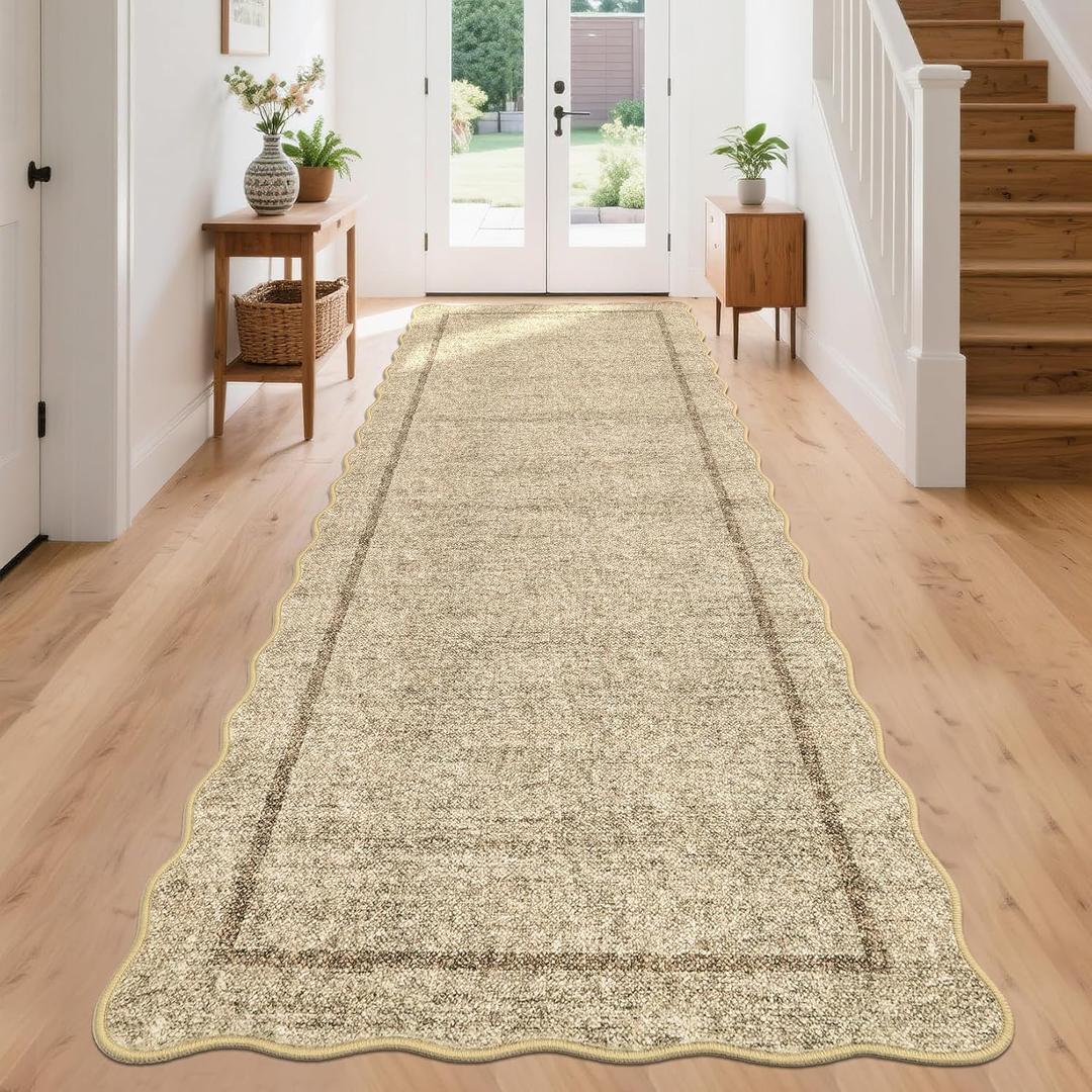 GarveeHome Scalloped Washable Runner Rug 2x8 Runner Modern Non Slip Kitchen Rugs Entryway Rug Farmhouse Soft Bathroom Rugs Stain Resistant Carpet for Hallway Laundry Bedroom 2 ft x8 ft Jute