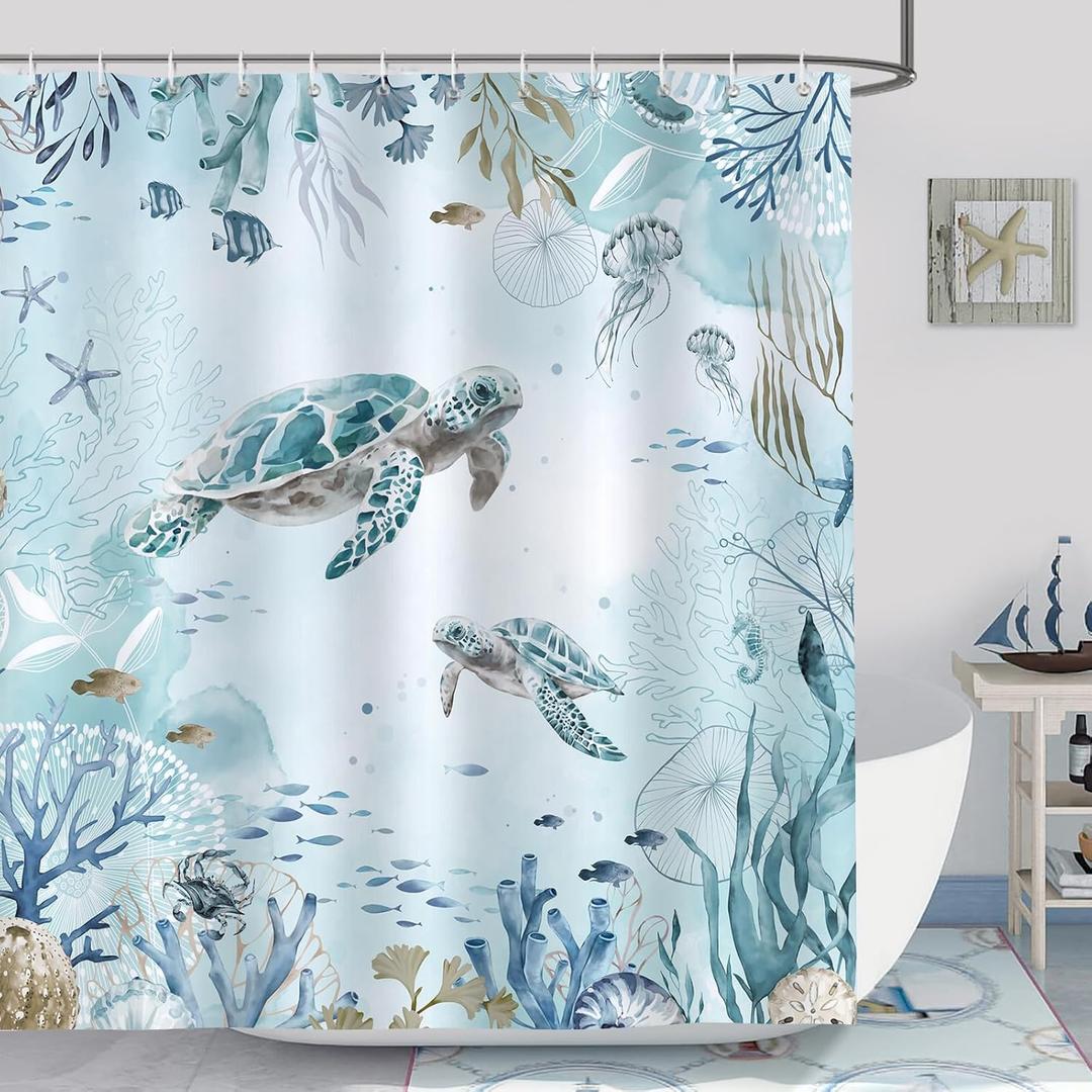 Bonhause Sea Turtle Shower Curtain, Teal Blue Ocean Beach Coastal Bathroom Decor 72 x 72 Inch Polyester Fabric Waterproof Bath Curtain with 12 Hooks