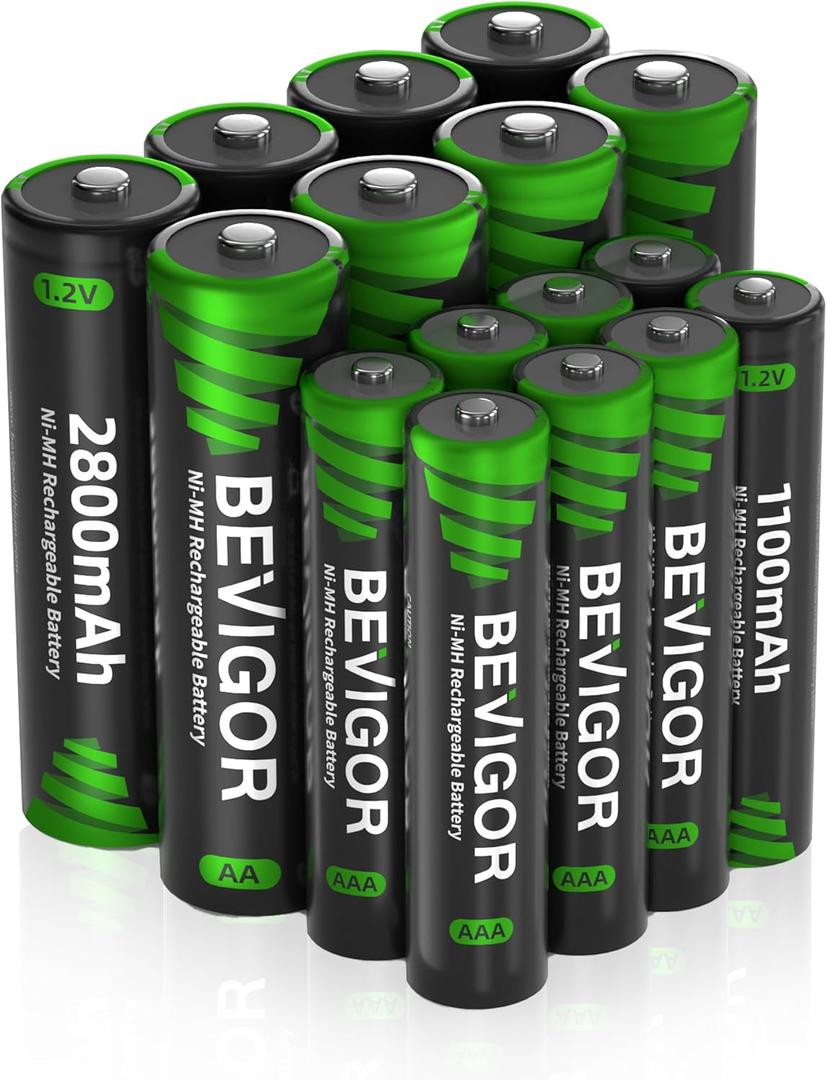 BEVIGOR 16 Sets AA AAA Rechargeable Batteries, High Capacity 8-Pack AA 2800mAh & 8-Pack AAA 1100mAh, 1.2V NiMH Low Self Discharge Telephone Batteries