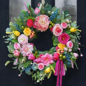 24 Inch Spring Summer Wreaths for Front Door, Summer Wreath with Luxury Dahlias, Peony, Tulips & Roses Floral Wreaths with Greenery Farmhouse Seasonal Spring Door Wreath for Indoor Outdoor Home Decor